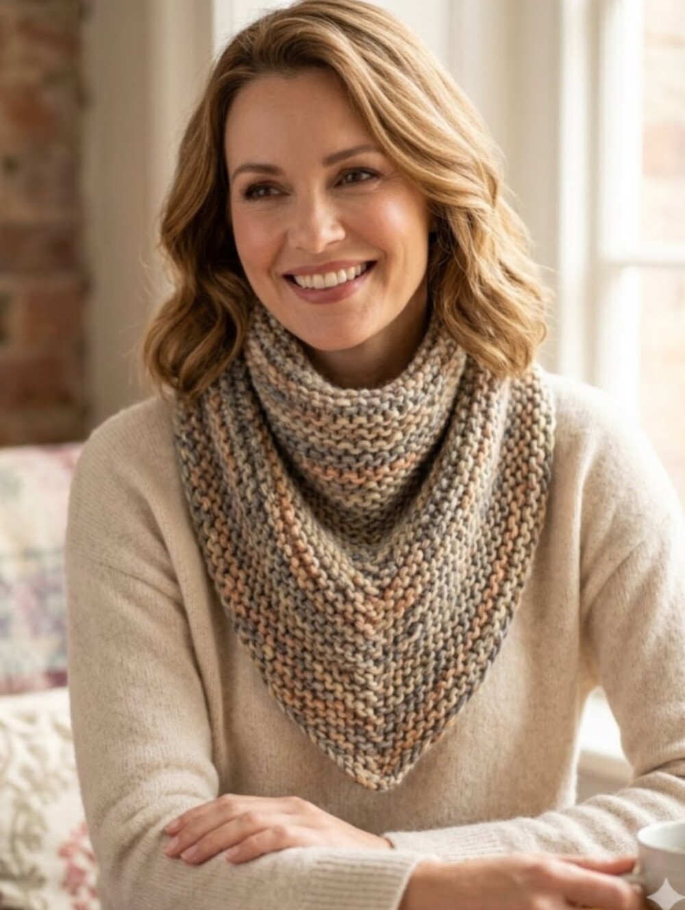 Handmade Acrylic Knit Triangle Scarf Shades of Gray and Camel OSFM